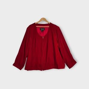 Terry Lewis Velvet Jacket Sz 3X Red Zip Front Long Sleeve Lined Holiday Festive